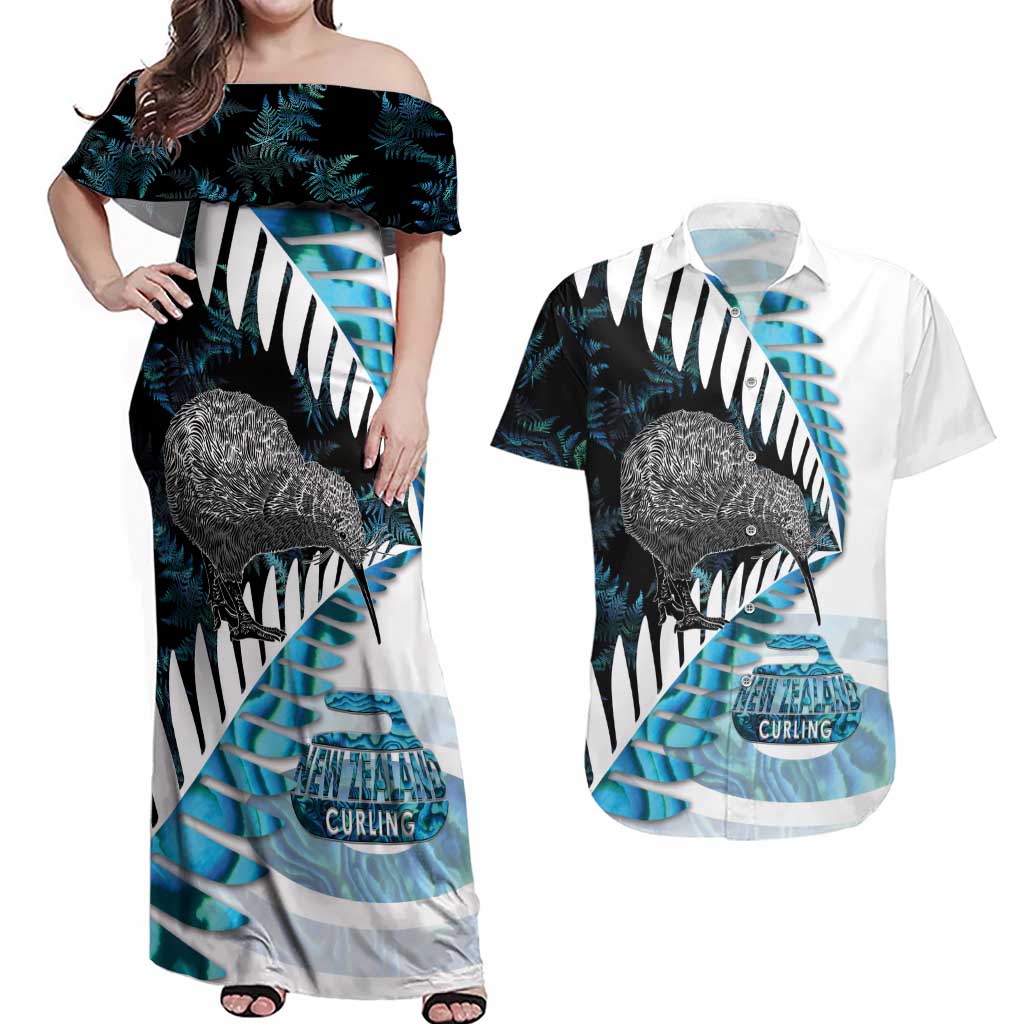 New Zealand Silver Fern Curling Personalised Couples Matching Off Shoulder Maxi Dress and Hawaiian Shirt Aotearoa Kiwi Ponga Paua Shell Version - Aussie Hoodie