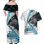 New Zealand Silver Fern Curling Personalised Couples Matching Off Shoulder Maxi Dress and Hawaiian Shirt Aotearoa Kiwi Ponga Paua Shell Version - Aussie Hoodie