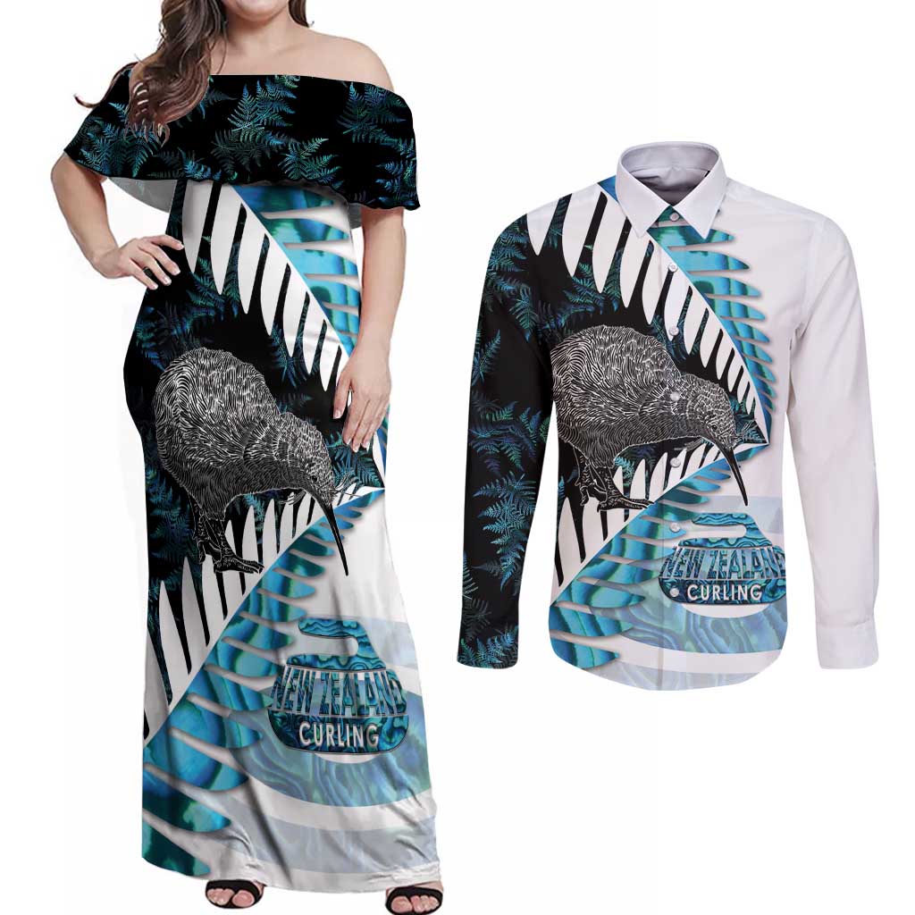 New Zealand Silver Fern Curling Personalised Couples Matching Off Shoulder Maxi Dress and Long Sleeve Button Shirt Aotearoa Kiwi Ponga Paua Shell Version - Aussie Hoodie