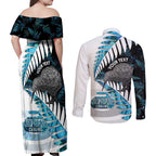 New Zealand Silver Fern Curling Personalised Couples Matching Off Shoulder Maxi Dress and Long Sleeve Button Shirt Aotearoa Kiwi Ponga Paua Shell Version - Aussie Hoodie
