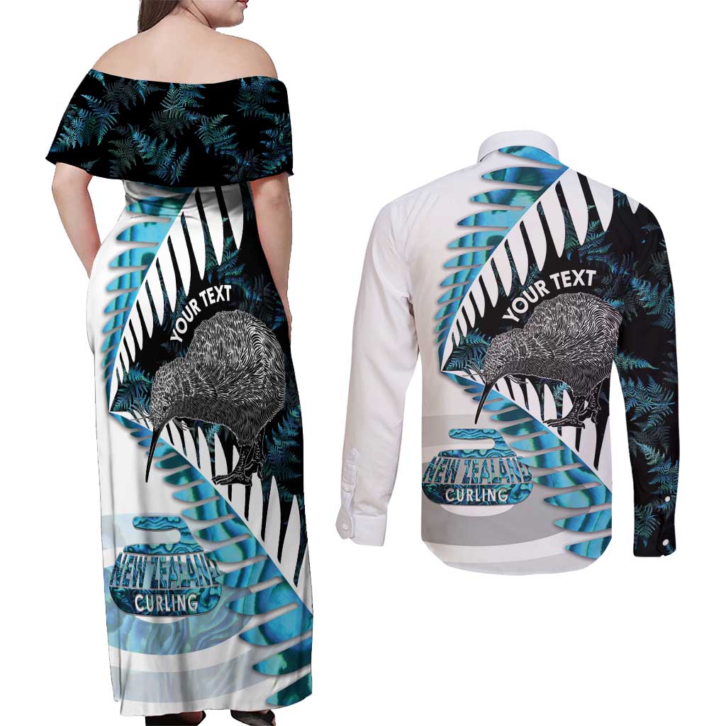 New Zealand Silver Fern Curling Personalised Couples Matching Off Shoulder Maxi Dress and Long Sleeve Button Shirt Aotearoa Kiwi Ponga Paua Shell Version - Aussie Hoodie