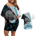 New Zealand Silver Fern Curling Personalised Couples Matching Off Shoulder Short Dress and Hawaiian Shirt Aotearoa Kiwi Ponga Paua Shell Version - Aussie Hoodie