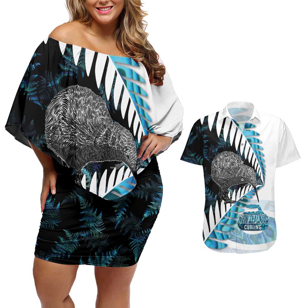 New Zealand Silver Fern Curling Personalised Couples Matching Off Shoulder Short Dress and Hawaiian Shirt Aotearoa Kiwi Ponga Paua Shell Version - Aussie Hoodie