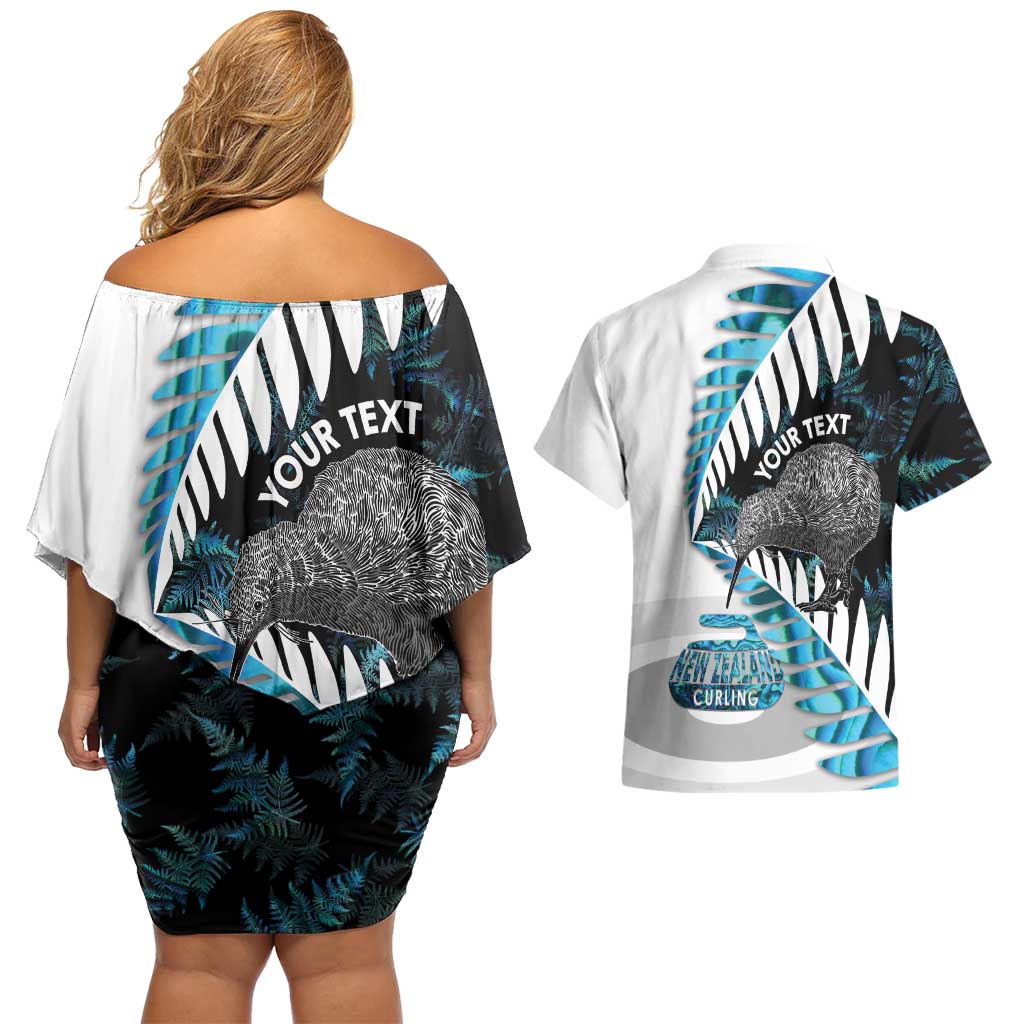 New Zealand Silver Fern Curling Personalised Couples Matching Off Shoulder Short Dress and Hawaiian Shirt Aotearoa Kiwi Ponga Paua Shell Version - Aussie Hoodie