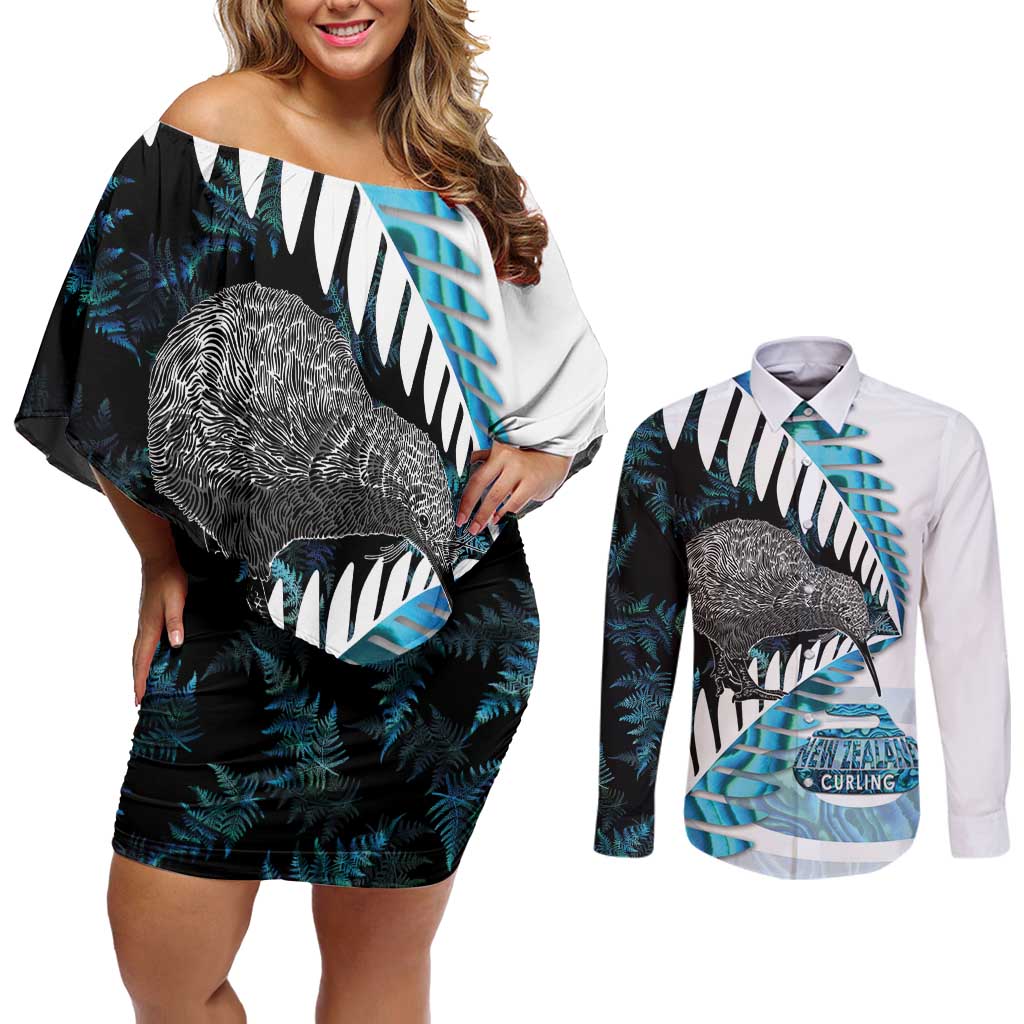 New Zealand Silver Fern Curling Personalised Couples Matching Off Shoulder Short Dress and Long Sleeve Button Shirt Aotearoa Kiwi Ponga Paua Shell Version - Aussie Hoodie