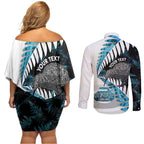 New Zealand Silver Fern Curling Personalised Couples Matching Off Shoulder Short Dress and Long Sleeve Button Shirt Aotearoa Kiwi Ponga Paua Shell Version - Aussie Hoodie