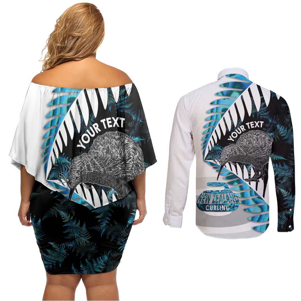 New Zealand Silver Fern Curling Personalised Couples Matching Off Shoulder Short Dress and Long Sleeve Button Shirt Aotearoa Kiwi Ponga Paua Shell Version - Aussie Hoodie