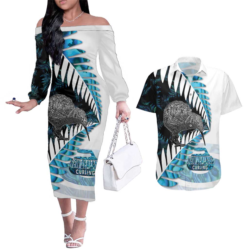 New Zealand Silver Fern Curling Personalised Couples Matching Off The Shoulder Long Sleeve Dress and Hawaiian Shirt Aotearoa Kiwi Ponga Paua Shell Version - Aussie Hoodie