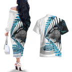 New Zealand Silver Fern Curling Personalised Couples Matching Off The Shoulder Long Sleeve Dress and Hawaiian Shirt Aotearoa Kiwi Ponga Paua Shell Version - Aussie Hoodie