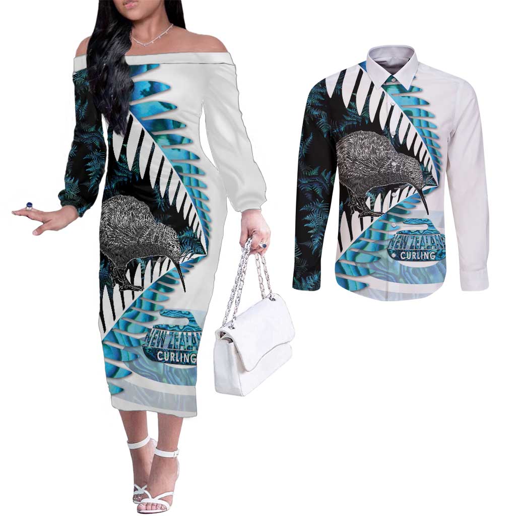 New Zealand Silver Fern Curling Personalised Couples Matching Off The Shoulder Long Sleeve Dress and Long Sleeve Button Shirt Aotearoa Kiwi Ponga Paua Shell Version - Aussie Hoodie