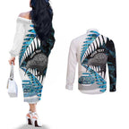 New Zealand Silver Fern Curling Personalised Couples Matching Off The Shoulder Long Sleeve Dress and Long Sleeve Button Shirt Aotearoa Kiwi Ponga Paua Shell Version - Aussie Hoodie