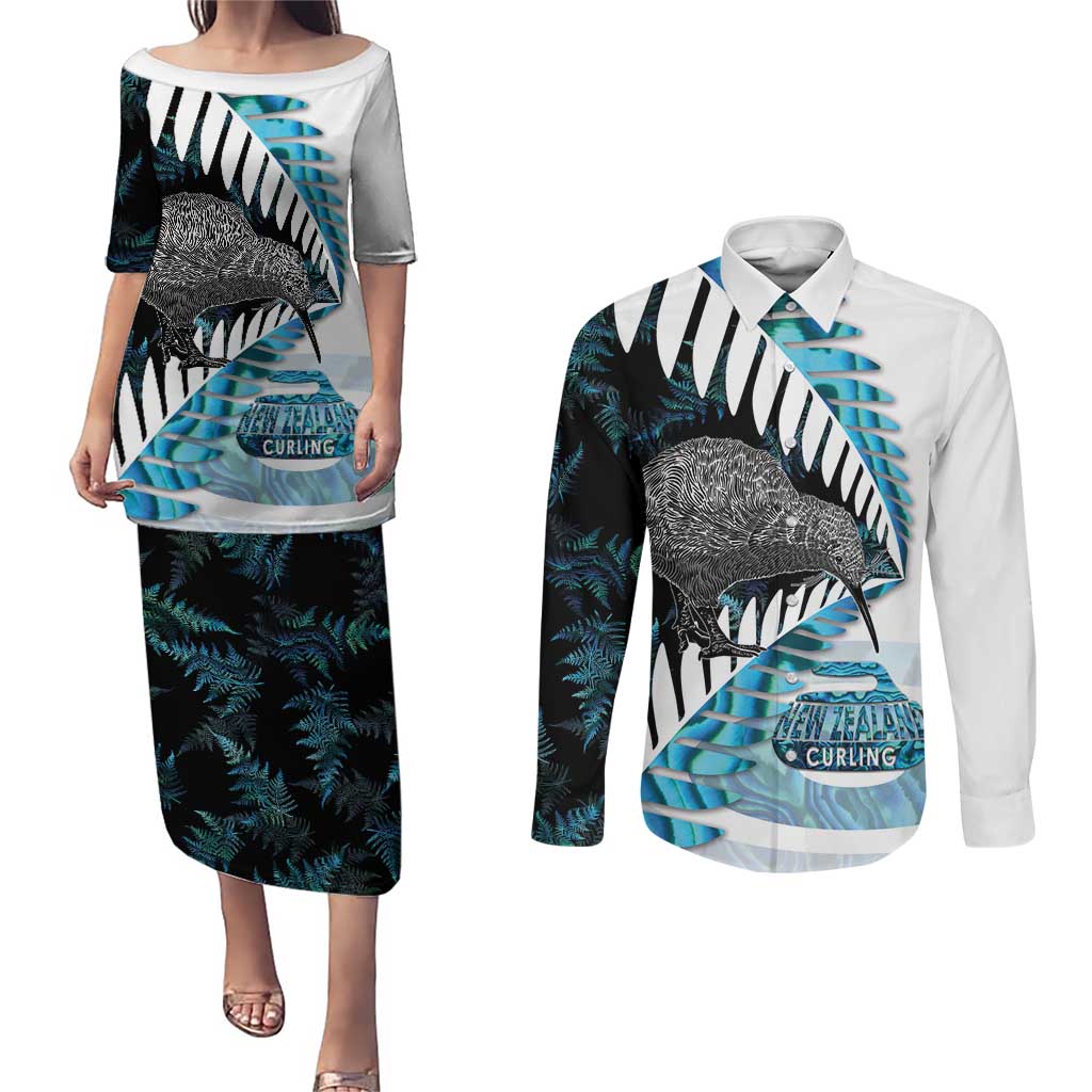 New Zealand Silver Fern Curling Personalised Couples Matching Puletasi and Long Sleeve Button Shirt Aotearoa Kiwi Ponga Paua Shell Version - Aussie Hoodie