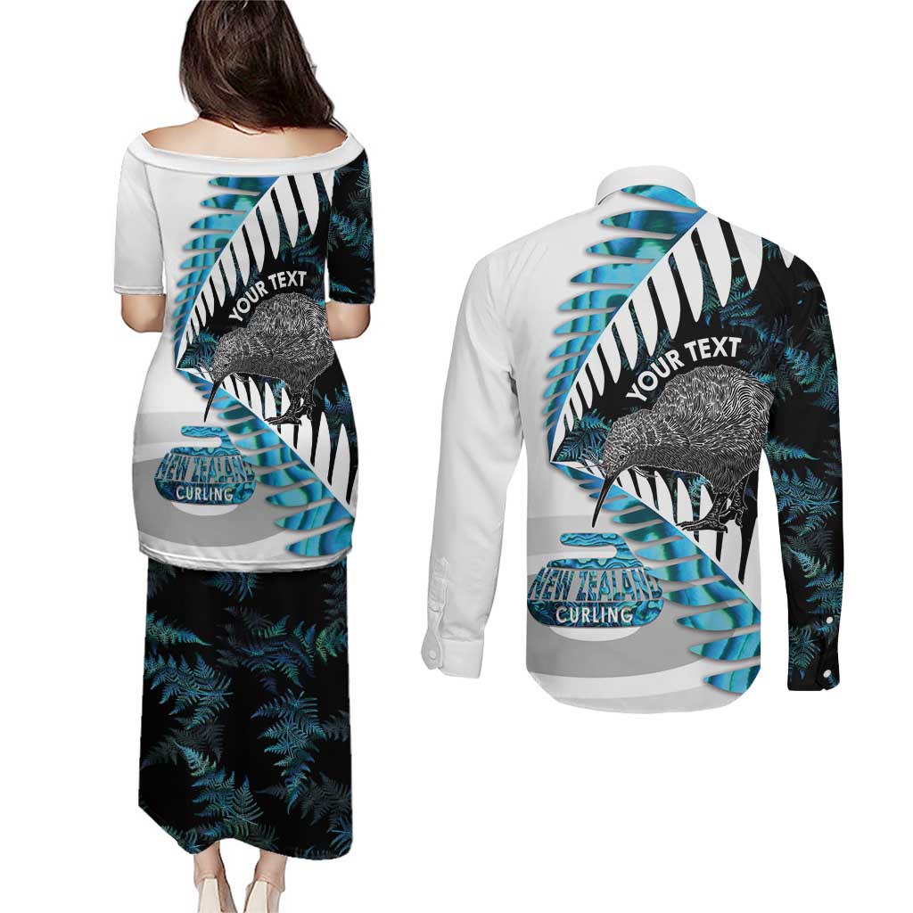 New Zealand Silver Fern Curling Personalised Couples Matching Puletasi and Long Sleeve Button Shirt Aotearoa Kiwi Ponga Paua Shell Version - Aussie Hoodie