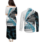 New Zealand Silver Fern Curling Personalised Couples Matching Puletasi and Long Sleeve Button Shirt Aotearoa Kiwi Ponga Paua Shell Version - Aussie Hoodie