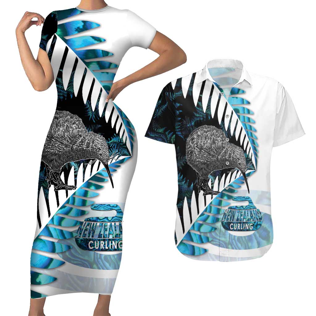New Zealand Silver Fern Curling Personalised Couples Matching Short Sleeve Bodycon Dress and Hawaiian Shirt Aotearoa Kiwi Ponga Paua Shell Version - Aussie Hoodie