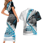 New Zealand Silver Fern Curling Personalised Couples Matching Short Sleeve Bodycon Dress and Hawaiian Shirt Aotearoa Kiwi Ponga Paua Shell Version - Aussie Hoodie