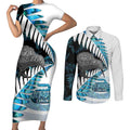 New Zealand Silver Fern Curling Personalised Couples Matching Short Sleeve Bodycon Dress and Long Sleeve Button Shirt Aotearoa Kiwi Ponga Paua Shell Version - Aussie Hoodie