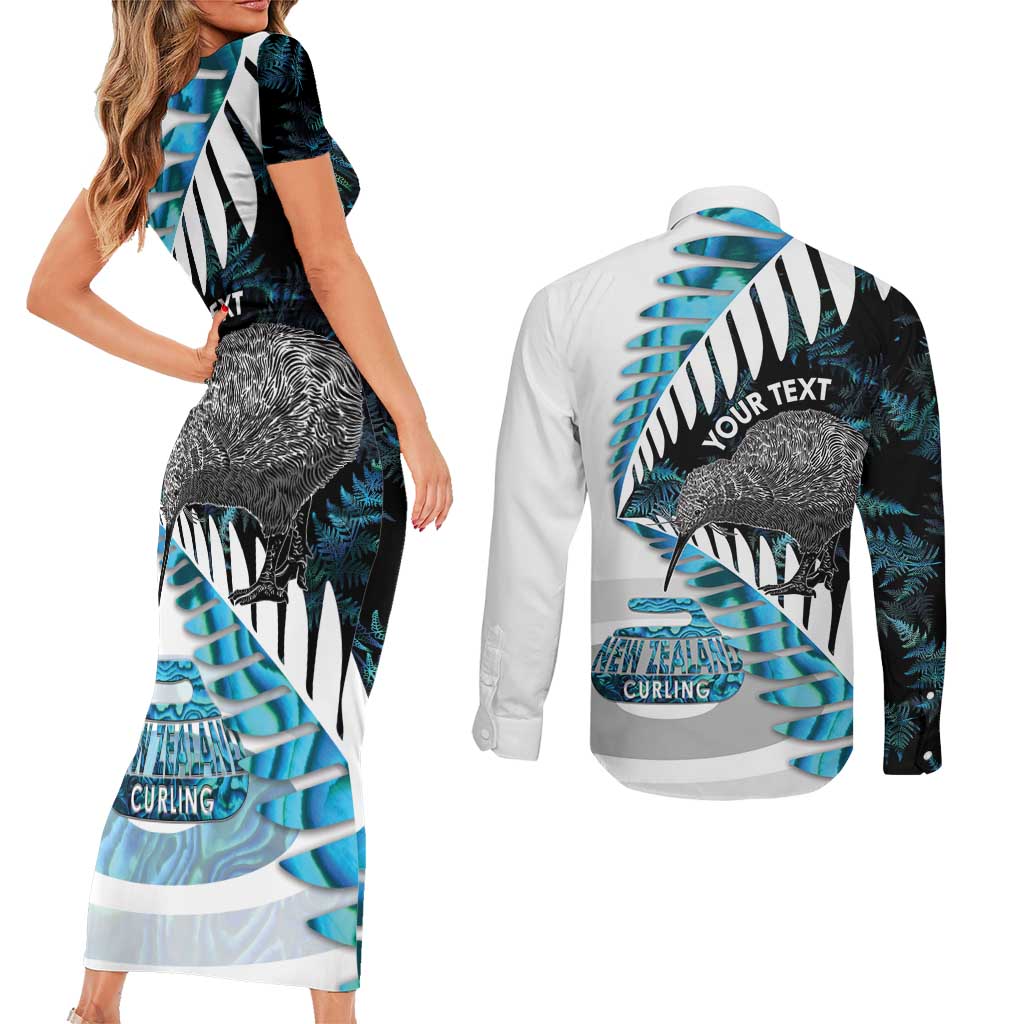 New Zealand Silver Fern Curling Personalised Couples Matching Short Sleeve Bodycon Dress and Long Sleeve Button Shirt Aotearoa Kiwi Ponga Paua Shell Version - Aussie Hoodie
