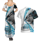 New Zealand Silver Fern Curling Personalised Couples Matching Summer Maxi Dress and Hawaiian Shirt Aotearoa Kiwi Ponga Paua Shell Version - Aussie Hoodie