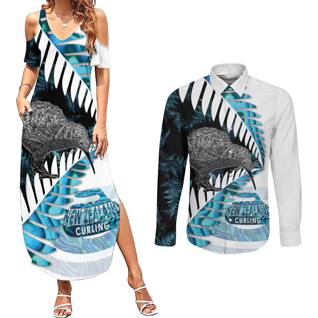 New Zealand Silver Fern Curling Personalised Couples Matching Summer Maxi Dress and Long Sleeve Button Shirt Aotearoa Kiwi Ponga Paua Shell Version - Aussie Hoodie