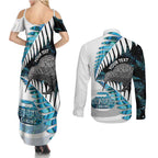 New Zealand Silver Fern Curling Personalised Couples Matching Summer Maxi Dress and Long Sleeve Button Shirt Aotearoa Kiwi Ponga Paua Shell Version - Aussie Hoodie
