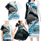 New Zealand Silver Fern Curling Personalised Family Matching Long Sleeve Bodycon Dress and Hawaiian Shirt Aotearoa Kiwi Ponga Paua Shell Version - Aussie Hoodie