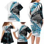 New Zealand Silver Fern Curling Personalised Family Matching Long Sleeve Bodycon Dress and Hawaiian Shirt Aotearoa Kiwi Ponga Paua Shell Version - Aussie Hoodie