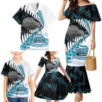 New Zealand Silver Fern Curling Personalised Family Matching Mermaid Dress and Hawaiian Shirt Aotearoa Kiwi Ponga Paua Shell Version - Aussie Hoodie