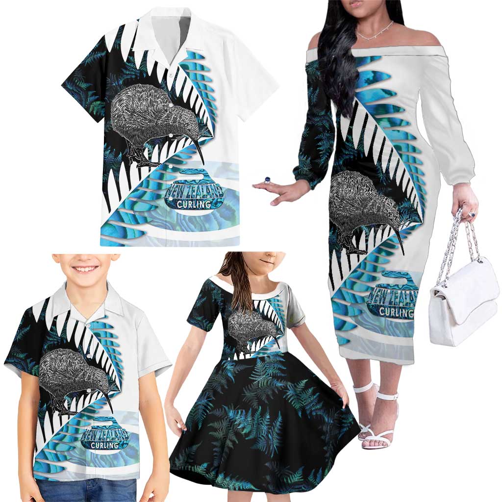 New Zealand Silver Fern Curling Personalised Family Matching Off The Shoulder Long Sleeve Dress and Hawaiian Shirt Aotearoa Kiwi Ponga Paua Shell Version - Aussie Hoodie