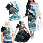 New Zealand Silver Fern Curling Personalised Family Matching Off The Shoulder Long Sleeve Dress and Hawaiian Shirt Aotearoa Kiwi Ponga Paua Shell Version - Aussie Hoodie