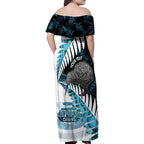 New Zealand Silver Fern Curling Personalised Family Matching Off Shoulder Maxi Dress and Hawaiian Shirt Aotearoa Kiwi Ponga Paua Shell Version - Aussie Hoodie