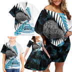 New Zealand Silver Fern Curling Personalised Family Matching Off Shoulder Short Dress and Hawaiian Shirt Aotearoa Kiwi Ponga Paua Shell Version - Aussie Hoodie