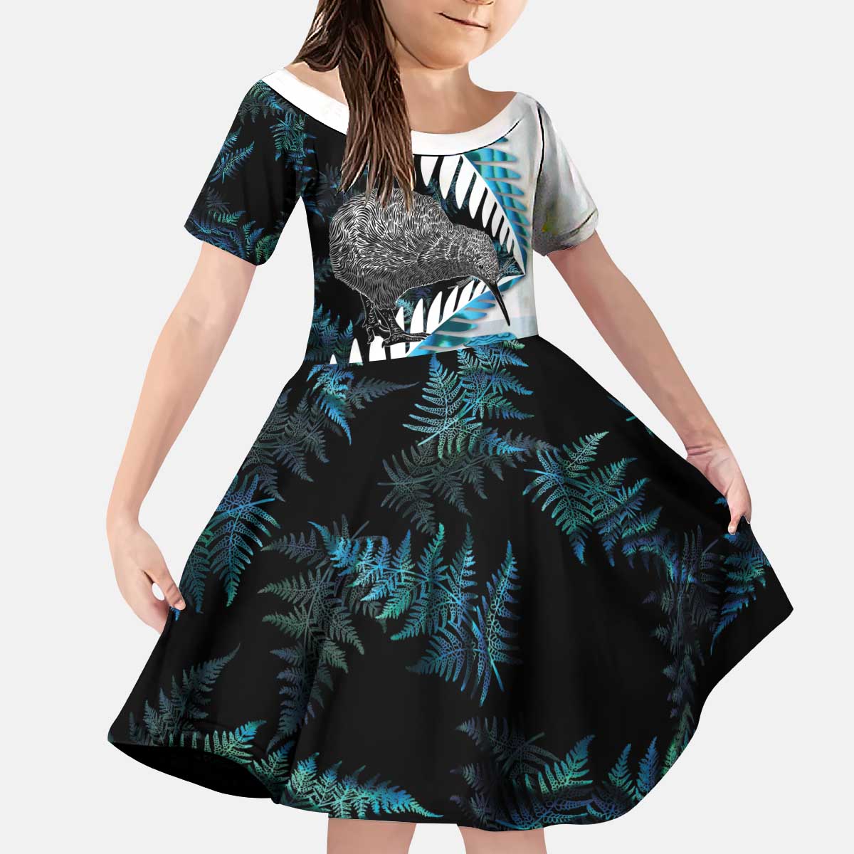 New Zealand Silver Fern Curling Personalised Kid Short Sleeve Dress Aotearoa Kiwi Ponga Paua Shell Version - Aussie Hoodie