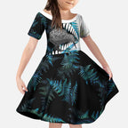 New Zealand Silver Fern Curling Personalised Kid Short Sleeve Dress Aotearoa Kiwi Ponga Paua Shell Version - Aussie Hoodie
