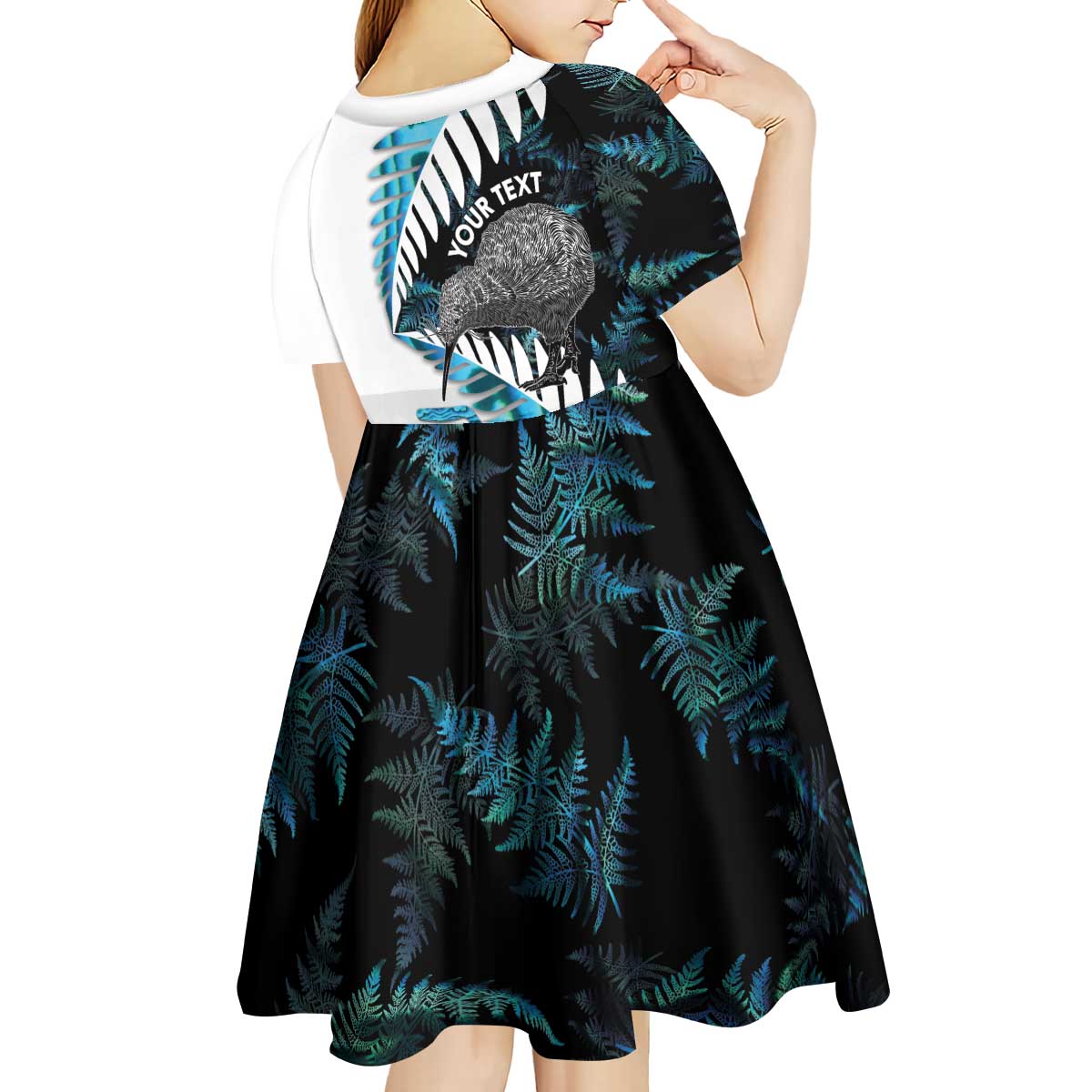 New Zealand Silver Fern Curling Personalised Kid Short Sleeve Dress Aotearoa Kiwi Ponga Paua Shell Version - Aussie Hoodie
