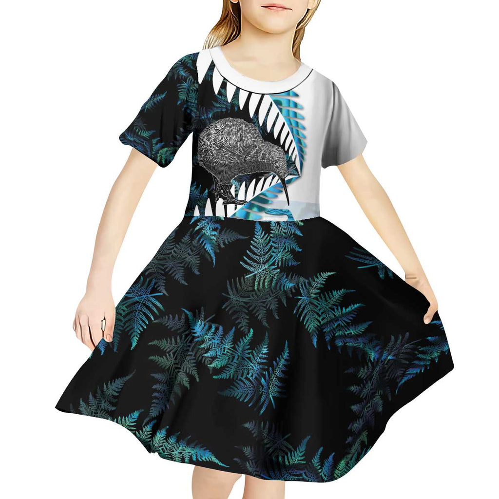 New Zealand Silver Fern Curling Personalised Kid Short Sleeve Dress Aotearoa Kiwi Ponga Paua Shell Version - Aussie Hoodie