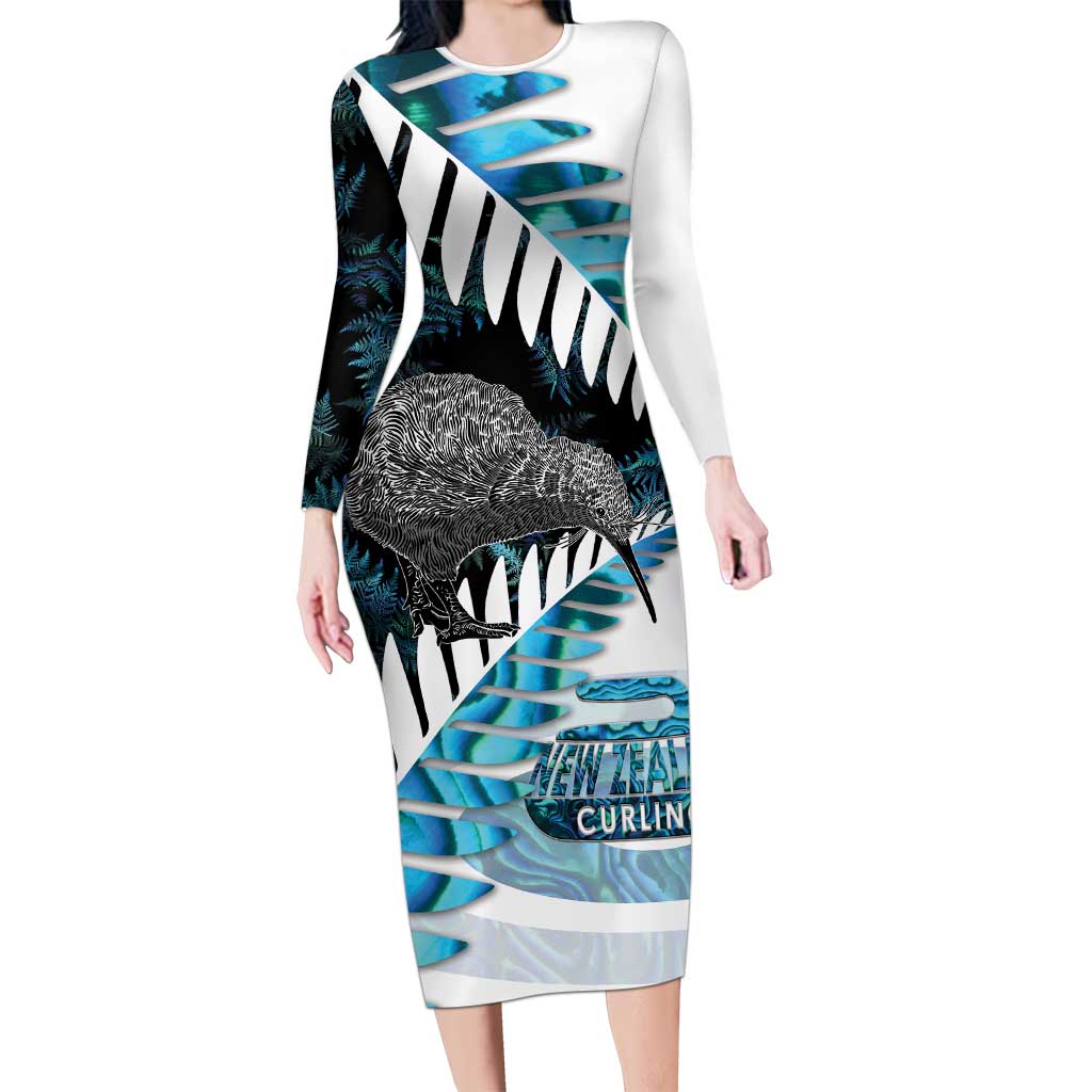 New Zealand Silver Fern Curling Personalised Long Sleeve Bodycon Dress Aotearoa Kiwi Ponga Paua Shell Version - Aussie Hoodie