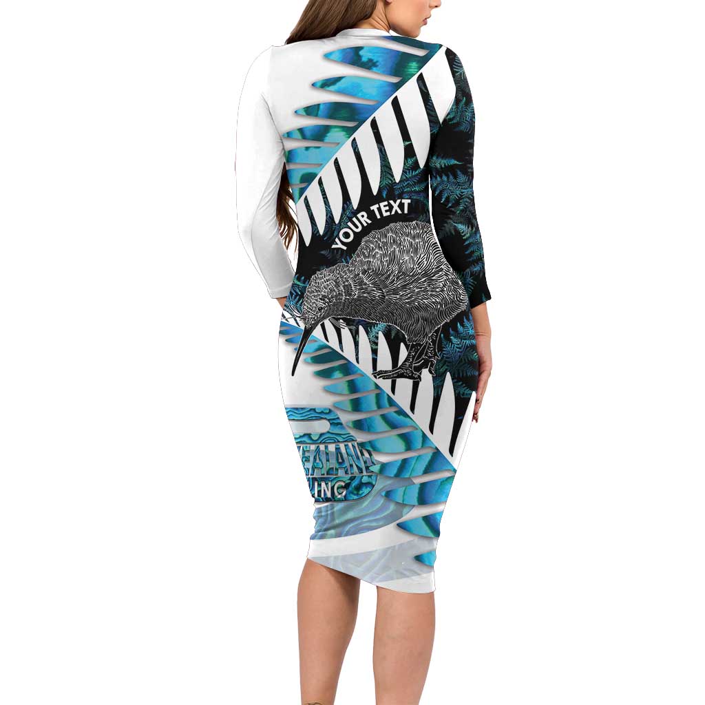 New Zealand Silver Fern Curling Personalised Long Sleeve Bodycon Dress Aotearoa Kiwi Ponga Paua Shell Version - Aussie Hoodie