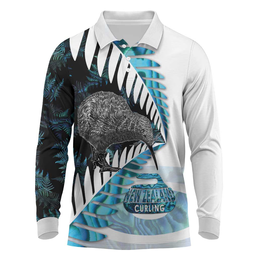 New Zealand Silver Fern Curling Personalised Long Sleeve Polo Shirt Aotearoa Kiwi Ponga Paua Shell Version - Aussie Hoodie