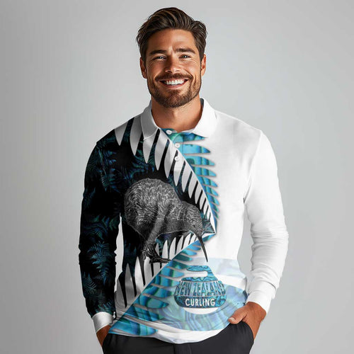 New Zealand Silver Fern Curling Personalised Long Sleeve Polo Shirt Aotearoa Kiwi Ponga Paua Shell Version - Aussie Hoodie