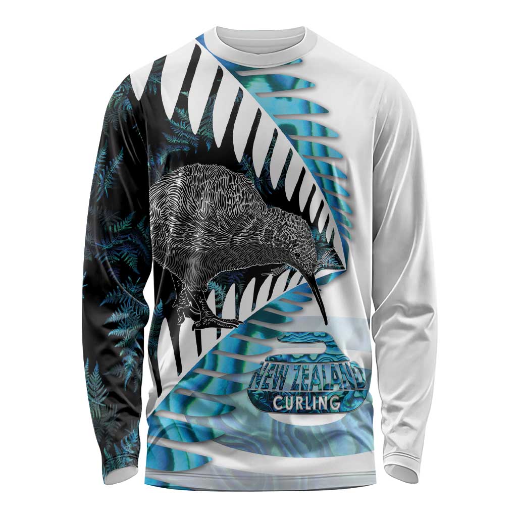 New Zealand Silver Fern Curling Personalised Long Sleeve Shirt Aotearoa Kiwi Ponga Paua Shell Version - Aussie Hoodie
