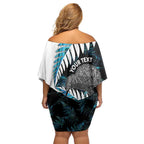 New Zealand Silver Fern Curling Personalised Off Shoulder Short Dress Aotearoa Kiwi Ponga Paua Shell Version - Aussie Hoodie