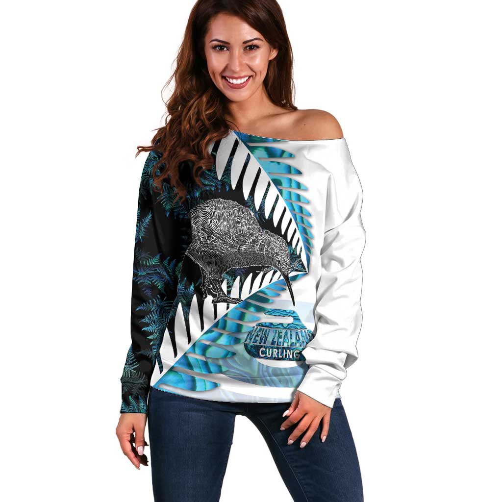 New Zealand Silver Fern Curling Personalised Off Shoulder Sweater Aotearoa Kiwi Ponga Paua Shell Version - Aussie Hoodie