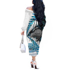 New Zealand Silver Fern Curling Personalised Off The Shoulder Long Sleeve Dress Aotearoa Kiwi Ponga Paua Shell Version - Aussie Hoodie