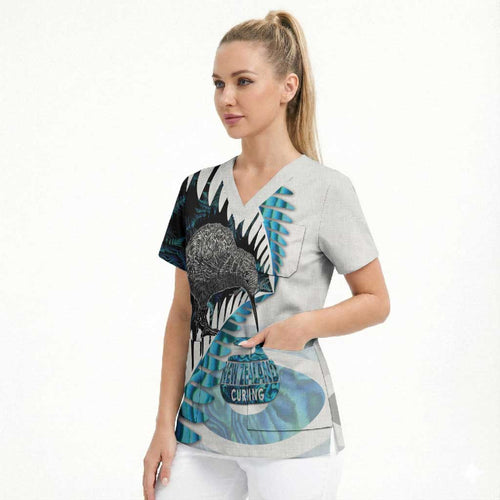 New Zealand Silver Fern Curling Personalised Scrub Top Aotearoa Kiwi Ponga Paua Shell Version - Aussie Hoodie