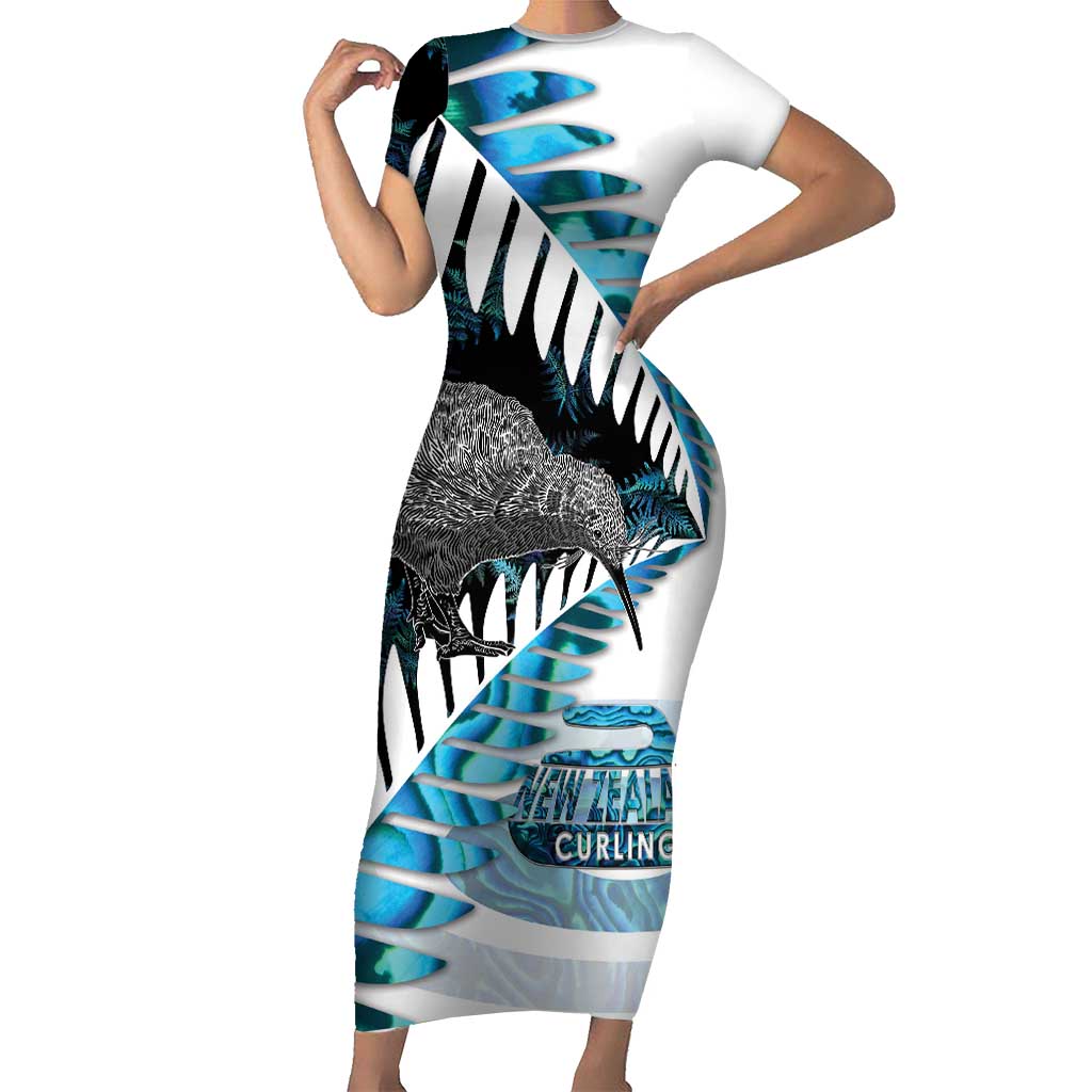 New Zealand Silver Fern Curling Personalised Short Sleeve Bodycon Dress Aotearoa Kiwi Ponga Paua Shell Version - Aussie Hoodie