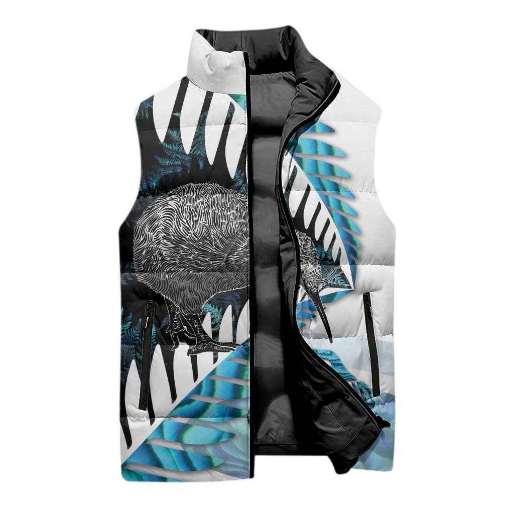 New Zealand Silver Fern Curling Personalised Sleeveless Puffer Jacket Aotearoa Kiwi Ponga Paua Shell Version - Aussie Hoodie