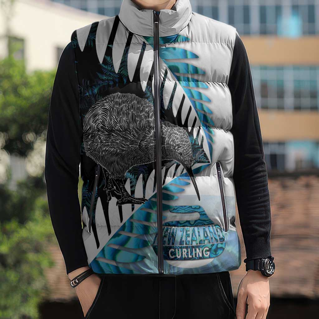 New Zealand Silver Fern Curling Personalised Sleeveless Puffer Jacket Aotearoa Kiwi Ponga Paua Shell Version - Aussie Hoodie