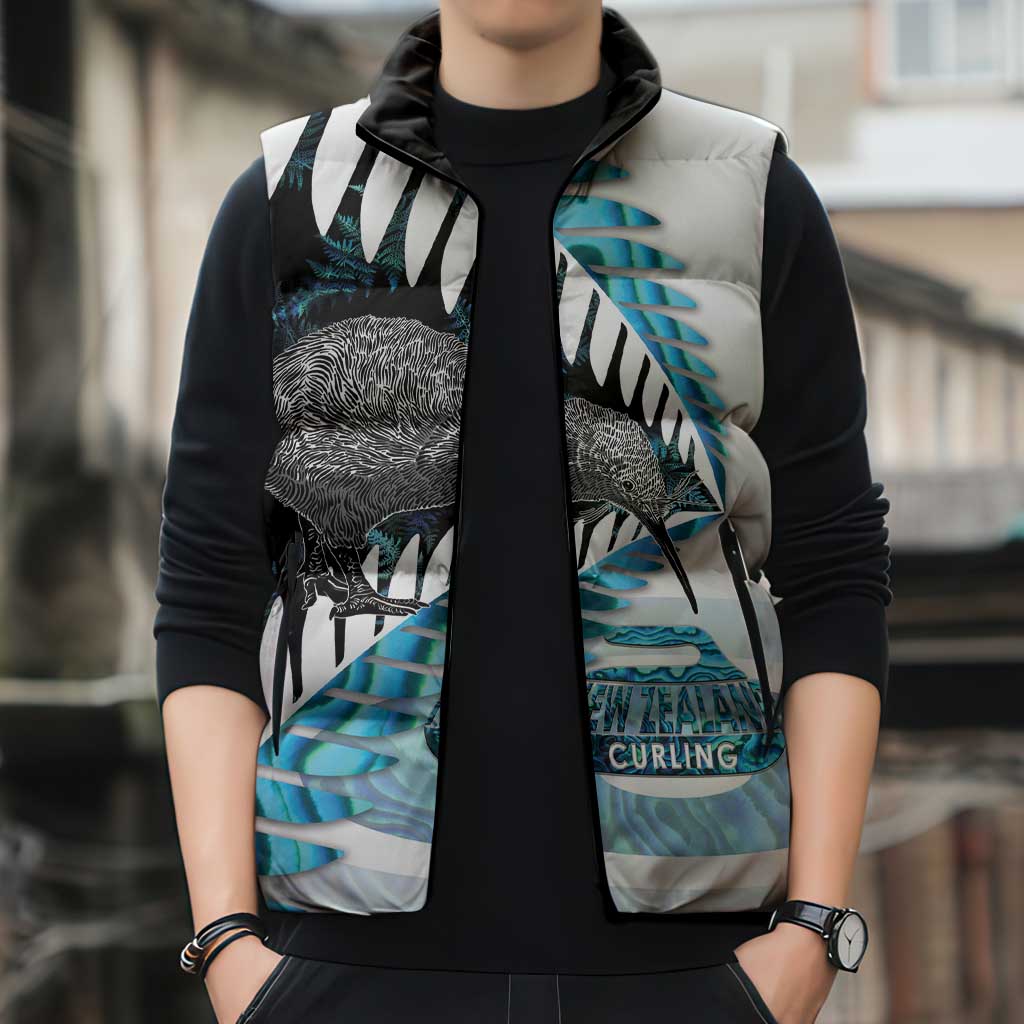New Zealand Silver Fern Curling Personalised Sleeveless Puffer Jacket Aotearoa Kiwi Ponga Paua Shell Version - Aussie Hoodie