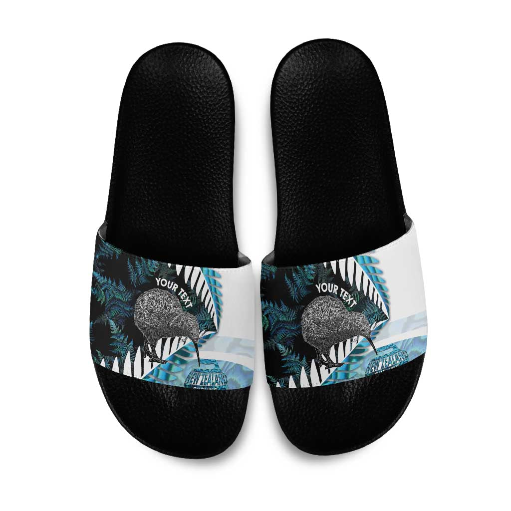 New Zealand Silver Fern Curling Personalised Slide Sandals Aotearoa Kiwi Ponga Paua Shell Version - Aussie Hoodie
